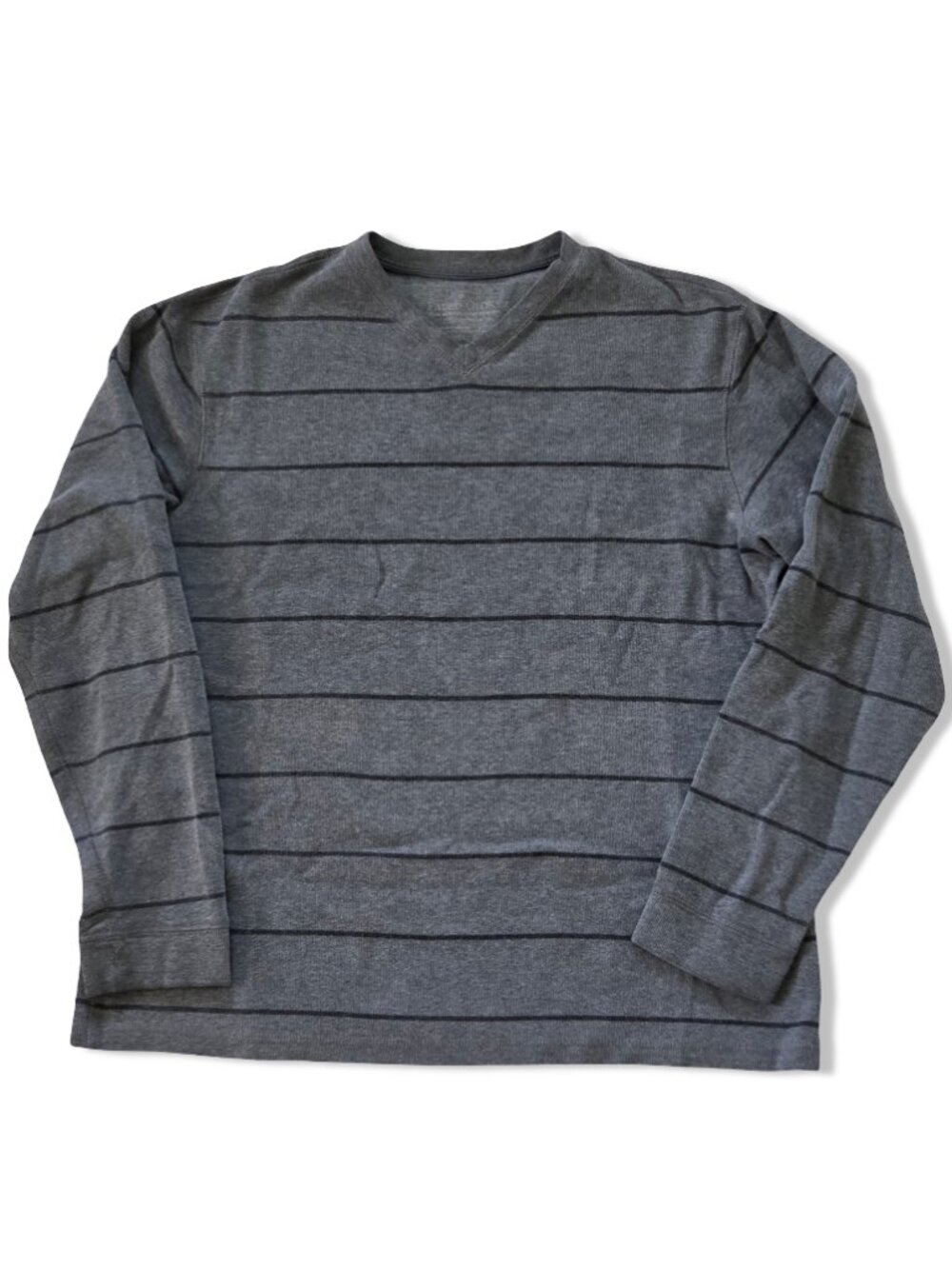 Faded Glory Men's Sweater Gray Large Striped V-Neck Cozy Cottagecore Classic